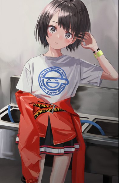 Anime picture 2132x3262 with ghost in the shell original production i.g laughing man nadegata single tall image looking at viewer blush highres short hair standing head tilt pleated skirt arm up light smile grey hair short sleeves grey eyes clothes around waist