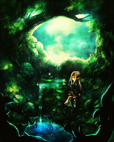 Anime picture 1180x1475 with original sui (petit comet) long hair tall image blonde hair red eyes pointy ears elf fantasy girl thighhighs plant (plants) sword tree (trees) water insect butterfly cloak