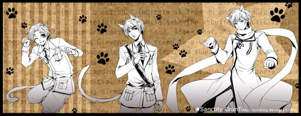 Anime picture 1280x499 with axis powers hetalia studio deen united kingdom (hetalia) russia (hetalia) north italy (hetalia) sukiblog looking at viewer short hair smile wide image standing animal ears white hair light smile cat ears multiple boys cat tail pale skin jumping dog ears