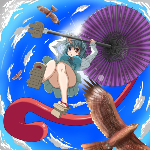 Anime picture 1444x1444 with touhou tatara kogasa sky aqua hair heterochromia girl animal bird (birds) umbrella sun