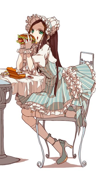 Anime picture 1000x1800 with original abararack single long hair tall image looking at viewer simple background brown hair white background sitting holding green eyes full body bent knee (knees) shadow high heels puffy sleeves striped eating frilled dress