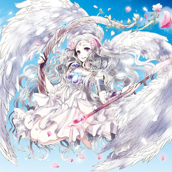 Anime picture 1000x1000 with original koto2 single purple eyes white hair very long hair hair flower flying angel wings girl dress hair ornament petals wings bow (weapon) arrow (arrows)