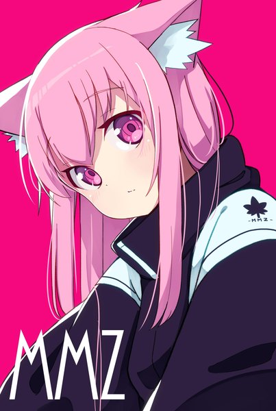 Anime picture 2036x3035 with original virtual youtuber kmtopia iyose momiji okota mikan single long hair tall image looking at viewer highres simple background animal ears pink hair long sleeves head tilt pink eyes cat ears character names pink background girl