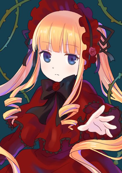 Anime picture 752x1062 with rozen maiden shinku shati single long hair tall image looking at viewer fringe blue eyes blonde hair twintails payot upper body blunt bangs drill hair outstretched hand lolita fashion aqua background girl plant (plants)
