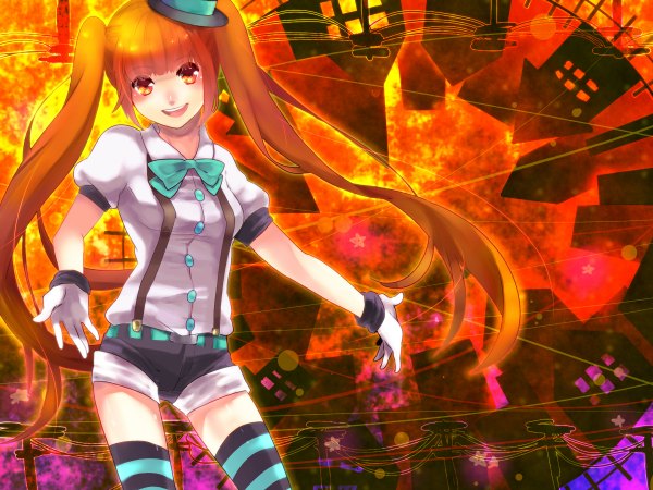Anime picture 1200x900 with vocaloid mrs.pumpkin no kokkei na yume (vocaloid) hatsune miku simagunilove (artist) single long hair open mouth twintails orange hair orange eyes girl thighhighs gloves bow hat shorts striped thighhighs