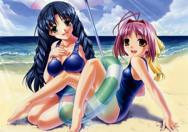 Anime picture 3490x2460 with yuuguu settai isozaki mayumi takaya minami hiiro yuki long hair looking at viewer blush highres short hair breasts open mouth light erotic large breasts multiple girls green eyes yellow eyes blue hair pink hair absurdres game cg