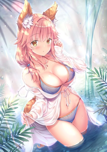 Anime picture 849x1200 with fate (series) fate/grand order tamamo (fate) (all) tamamo no mae (swimsuit lancer) (fate) shirakawako single long hair tall image looking at viewer blush fringe breasts light erotic hair between eyes large breasts standing twintails bare shoulders holding animal ears