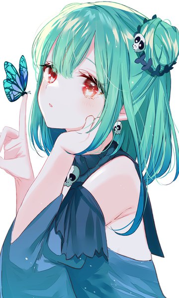 Anime picture 1200x2000 with virtual youtuber hololive uruha rushia uruha rushia (1st costume) sinsihukunokonaka single tall image fringe short hair simple background red eyes white background looking away green hair hair bun (hair buns) head rest butterfly on hand girl hair ornament detached sleeves