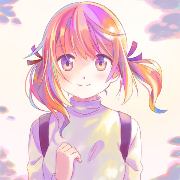 Anime picture 900x900 with original shati single long hair looking at viewer blush smile twintails wind orange hair orange eyes girl turtleneck backpack