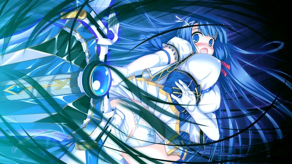 Anime picture 1280x720 with colorful cure sakuramiya aoi moric (artist) long hair blush open mouth blue eyes light erotic wide image blue hair game cg magic girl gloves underwear panties weapon sword elbow gloves