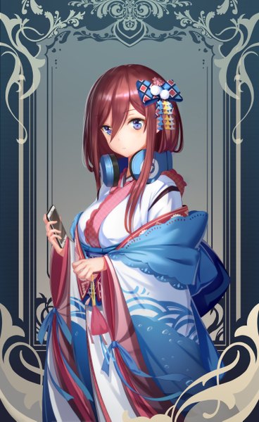 Anime picture 3087x5034 with go-toubun no hanayome nakano miku hong bai single long hair tall image fringe highres blue eyes hair between eyes brown hair holding looking away absurdres traditional clothes japanese clothes girl hair ornament ribbon (ribbons) bow