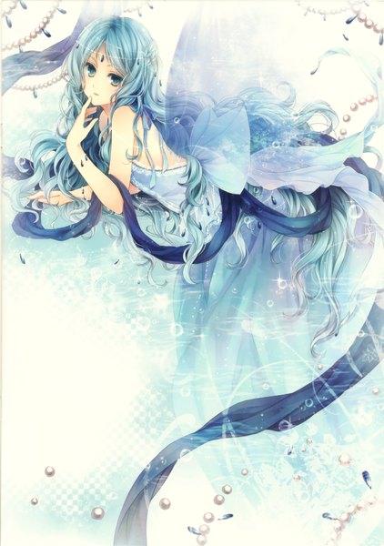 Anime picture 2556x3635 with original hagiwara rin long hair tall image highres aqua eyes aqua hair sleeveless girl dress necklace water drop blue dress