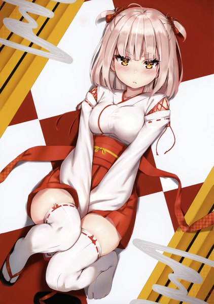 Anime picture 2532x3600 with original reinama single tall image looking at viewer blush fringe highres short hair breasts light erotic yellow eyes silver hair lying blunt bangs traditional clothes japanese clothes scan on back two side up