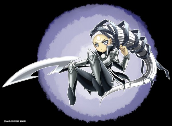 Anime picture 1504x1099 with league of legends diana (league of legends) blackrabbit0626 single looking at viewer simple background white hair very long hair black background silver eyes girl weapon armor