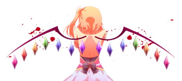 Anime picture 2700x1200 with touhou flandre scarlet shi shoku highres short hair simple background blonde hair wide image white background back girl dress wings blood crystal