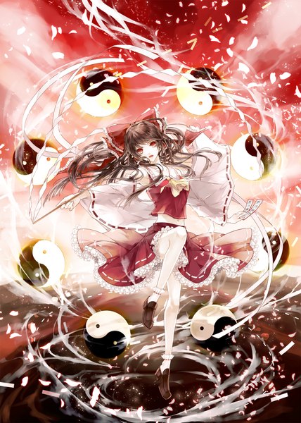 Anime picture 1488x2088 with touhou hakurei reimu laruha single long hair tall image looking at viewer open mouth black hair red eyes traditional clothes wavy hair miko girl skirt bow hair bow detached sleeves petals skirt set