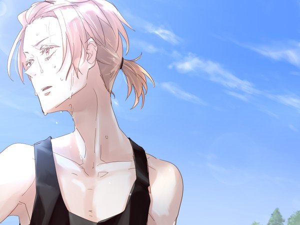 Anime picture 1400x1050 with kaze ga tsuyoku fuiteiru production i.g kashiwazaki akane hiwomushi single short hair blonde hair brown eyes looking away sky upper body outdoors ponytail sweat sleeveless pale skin boy