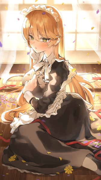 Anime picture 1000x1782 with original ran s200 single long hair tall image looking at viewer blush fringe blonde hair hair between eyes sitting yellow eyes indoors long sleeves parted lips from above sunlight maid floor girl