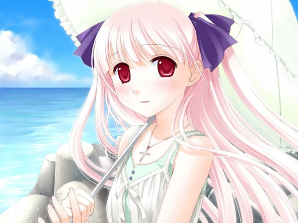Anime picture 1024x768 with amanatsu long hair red eyes pink hair game cg beach girl umbrella