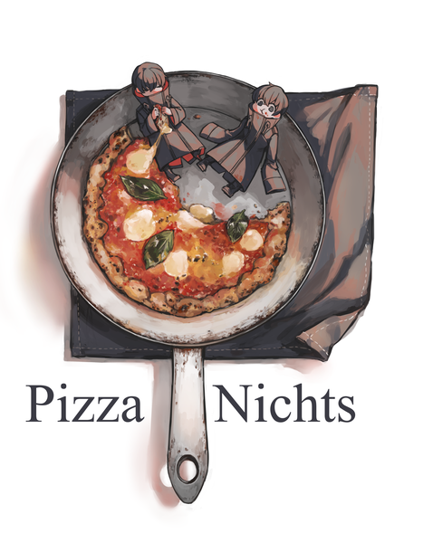 Anime picture 3725x4671 with original fatalbug896 tall image highres short hair black hair simple background white background sitting absurdres full body multiple boys eating miniboy boy food 2 boys cloak pizza frying pan