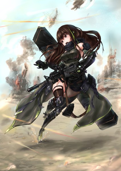 Anime-Bild 2633x3725 mit girls frontline m4a1 (girls frontline) upper single long hair tall image fringe highres breasts open mouth hair between eyes brown hair holding brown eyes looking away full body outdoors multicolored hair green hair wind