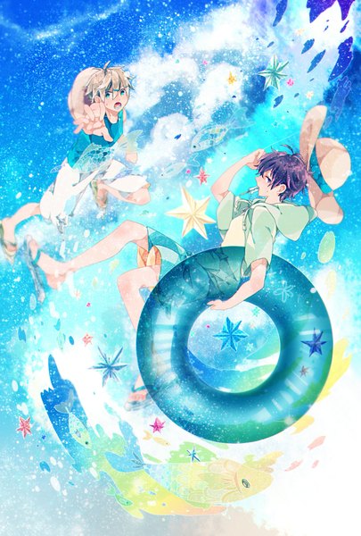 Anime picture 1377x2039 with original xxxka66 tall image fringe short hair open mouth blonde hair brown hair brown eyes aqua eyes open clothes open jacket multiple boys outstretched arm adjusting hair wet t-shirt boy hat animal food