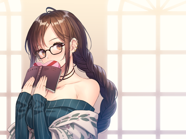 Anime picture 1100x825 with fate (series) fate/grand order yu mei-ren (fate) yamyom single long hair looking at viewer blush fringe breasts brown hair holding brown eyes payot upper body braid (braids) off shoulder piercing single braid sleeves past wrists