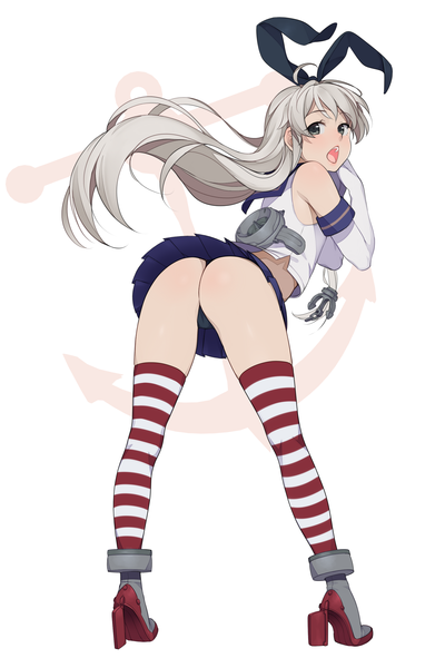 Anime picture 1900x2852 with kantai collection shimakaze destroyer eventh7 single long hair tall image looking at viewer blush highres light erotic white background silver hair ass pleated skirt looking back grey eyes legs turning head bent over girl
