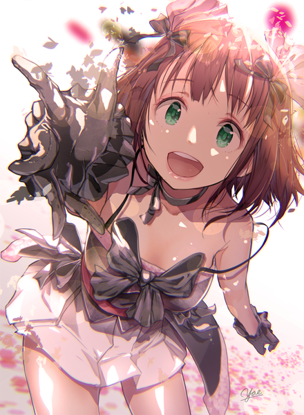 Anime picture 880x1200 with idolmaster idolmaster (classic) amami haruka yae (mono110) single tall image fringe short hair open mouth simple background brown hair white background bare shoulders green eyes signed :d pleated skirt teeth shadow leaning