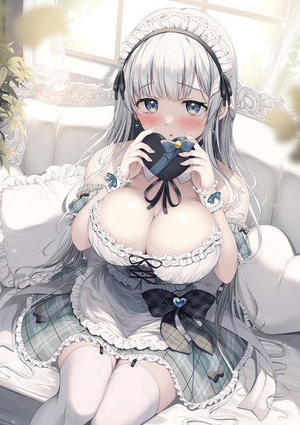 Anime picture 1448x2047 with original tomoo (tomo) single long hair tall image looking at viewer blush fringe breasts open mouth light erotic large breasts sitting bare shoulders holding payot cleavage silver hair indoors blunt bangs