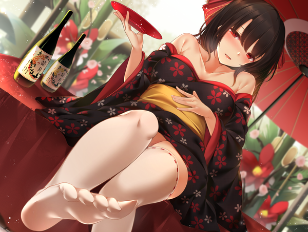 Anime picture 1500x1134 with original toyosaki shu single long hair looking at viewer blush fringe breasts open mouth light erotic black hair hair between eyes red eyes sitting bare shoulders holding traditional clothes japanese clothes wide sleeves dutch angle