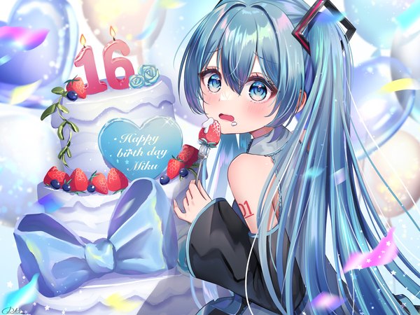 Anime picture 2732x2048 with vocaloid hatsune miku rkc single long hair blush fringe highres blue eyes hair between eyes twintails blue hair looking away happy birthday food on face girl bow food sweets berry (berries)