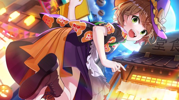 Anime picture 1334x750 with cue! tendo yuuki single short hair open mouth wide image standing green eyes :d official art from below leaning leaning forward floral print standing on one leg halloween architecture east asian architecture lace-up boots girl