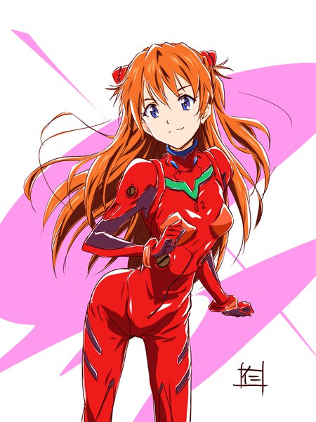 Anime picture 1536x2046 with neon genesis evangelion gainax soryu asuka langley nii manabu single long hair tall image looking at viewer blue eyes standing signed light smile orange hair two side up girl bodysuit pilot suit