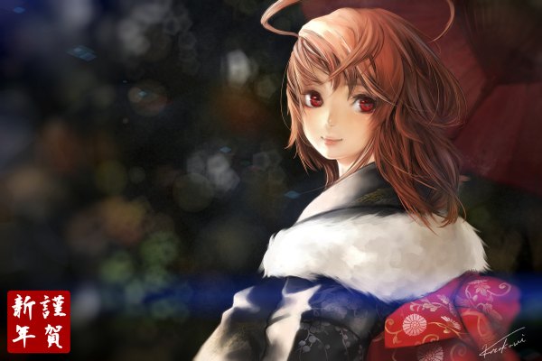 Anime picture 1200x801 with original simuka (kazakami) single long hair smile red eyes brown hair traditional clothes japanese clothes looking back new year nengajou girl kimono fur-trimmed kimono