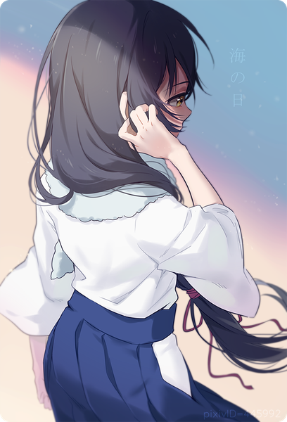 Anime picture 600x882 with love live! school idol project sunrise (studio) love live! sonoda umi aka-shiro single long hair tall image black hair yellow eyes looking away traditional clothes japanese clothes from above wind back adjusting hair hime cut girl ribbon (ribbons)