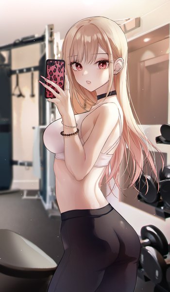 Anime picture 1500x2571 with sono bisque doll wa koi wo suru cloverworks kitagawa marin rine (rine on) single long hair tall image looking at viewer blush fringe breasts light erotic blonde hair red eyes large breasts standing holding payot ass indoors