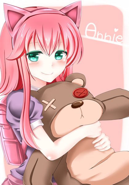 Anime picture 800x1146 with league of legends annie (league of legends) tibbers (league of legends) mint single long hair tall image looking at viewer blush fringe smile hair between eyes animal ears payot pink hair aqua eyes light smile cat ears short sleeves puffy sleeves