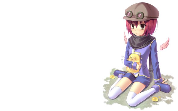 Anime picture 1280x800 with children of the rune single blush short hair simple background wide image white background brown eyes red hair girl thighhighs white thighhighs wings goggles flat cap