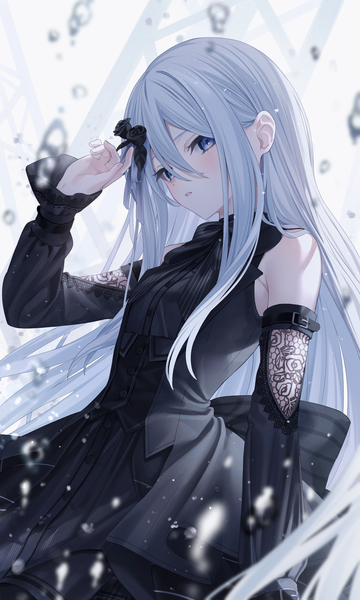 Anime picture 1876x3129 with project sekai yoisaki kanade jimmy madomagi single long hair tall image looking at viewer fringe highres blue eyes simple background hair between eyes standing bare shoulders silver hair parted lips arm up hair flower official alternate costume hair over shoulder