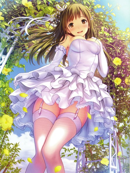 Anime picture 4118x5477 with ilog tsutsui aki mana kakkowarai single tall image looking at viewer blush highres breasts open mouth light erotic smile brown hair large breasts standing bare shoulders brown eyes absurdres sky cloud (clouds)