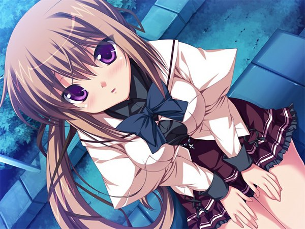 Anime picture 1024x768 with sacred vampire (game) single long hair brown hair sitting purple eyes game cg from above night girl uniform ribbon (ribbons) hair ribbon school uniform bowtie pendant jewelry cross beads prayer beads