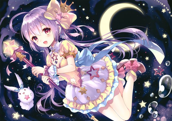 Anime picture 2635x1859 with original mahou shoujo grimoire (artbook) wasabi (sekai) single long hair looking at viewer blush highres breasts open mouth red eyes holding pink hair cloud (clouds) bent knee (knees) night night sky flat chest jumping frilly skirt