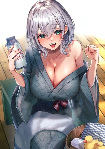 Anime picture 2039x2894 with virtual youtuber hololive shirogane noel comichipota single tall image looking at viewer blush fringe highres short hair breasts open mouth light erotic smile large breasts sitting holding green eyes silver hair