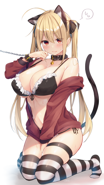 Anime picture 1152x2048 with original blonde hair-chan (ramchi) ramchi single long hair tall image looking at viewer blush fringe breasts light erotic simple background blonde hair hair between eyes red eyes large breasts white background animal ears cleavage full body
