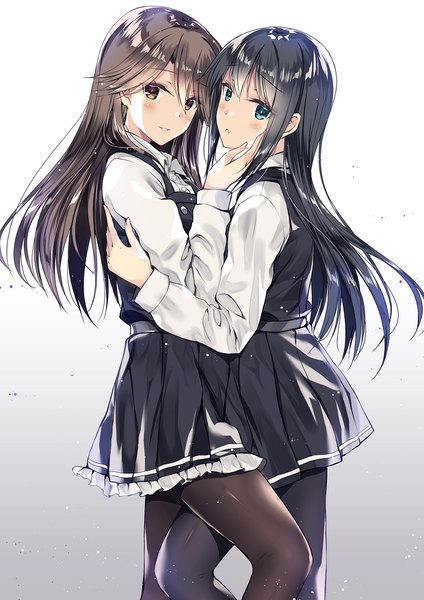 Anime picture 1240x1754 with kantai collection asashio destroyer arashio destroyer kobayashi chisato long hair tall image looking at viewer blush fringe blue eyes black hair simple background hair between eyes brown hair multiple girls brown eyes long sleeves parted lips hug gradient background