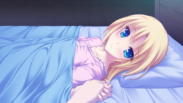 Anime picture 1920x1080 with ryuuyoku no melodia carlyle mel tenmaso long hair blush highres blue eyes blonde hair wide image game cg lying girl bed