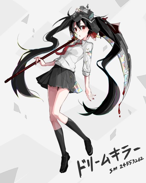 Anime picture 2000x2500 with vocaloid hatsune miku nou single long hair tall image highres open mouth black hair red eyes standing twintails holding bent knee (knees) nail polish pleated skirt fingernails alternate costume city long fingernails