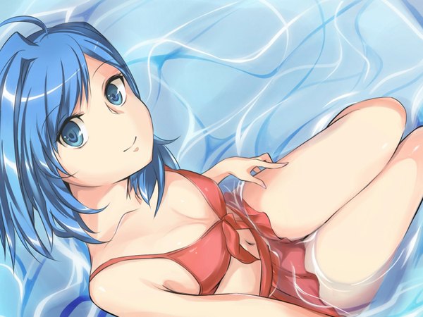 Anime picture 1024x768 with cardfight!! vanguard single looking at viewer short hair blue eyes smile blue hair girl navel swimsuit water