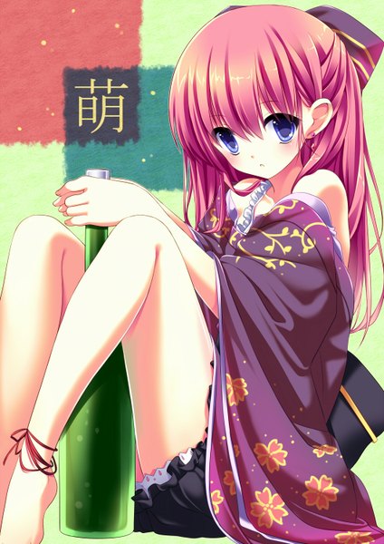 Anime picture 1060x1500 with original nametakenoko single long hair tall image blue eyes red hair traditional clothes japanese clothes legs girl bow hair bow kimono bottle